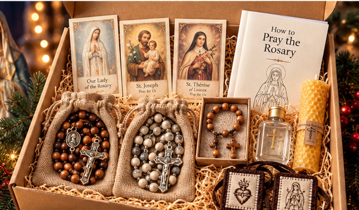 Illustrative Christmas Catholic prayer gift with rosaries, saint cards and a beeswax candle